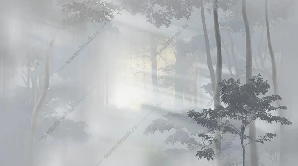Фотообои в интерьере солнечный туманный лес  13-354 фото