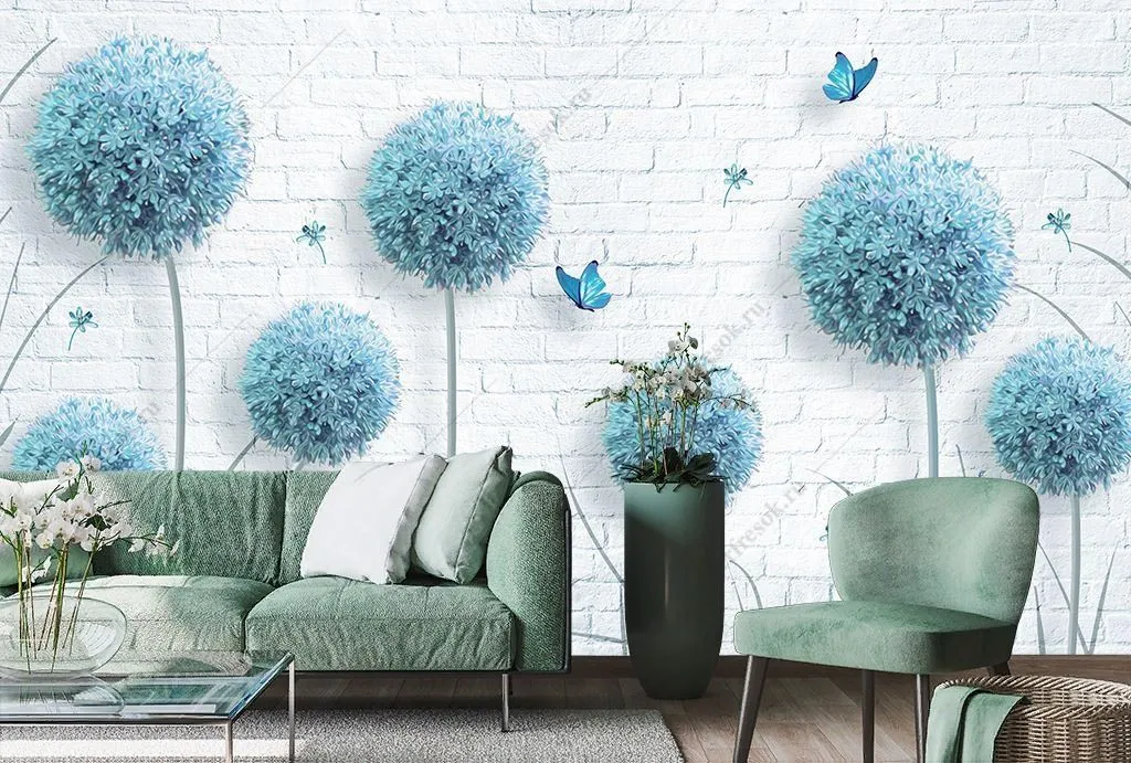 Фотообои в интерьере голубые одуванчики  14-332 фото