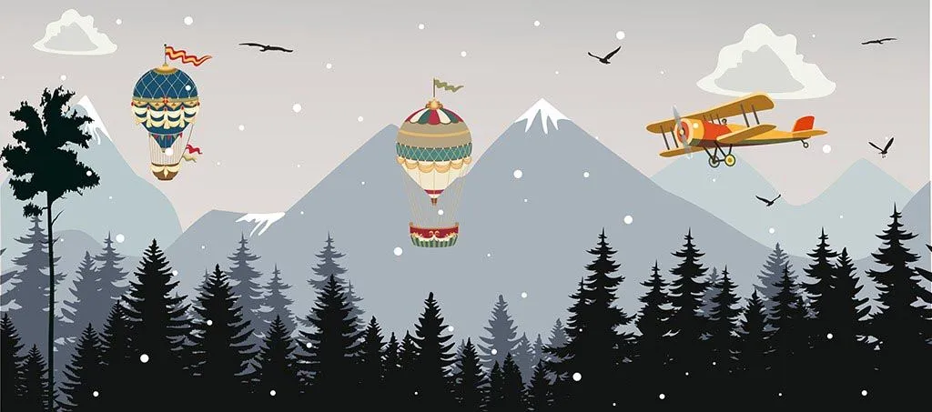 Фотообои в интерьере воздушные шары и самолёт в ночи  12-1549 фото