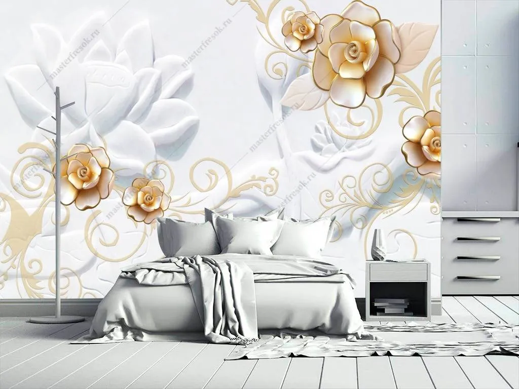 Фотообои 3д Фарфоровые золотые цветы  10-630