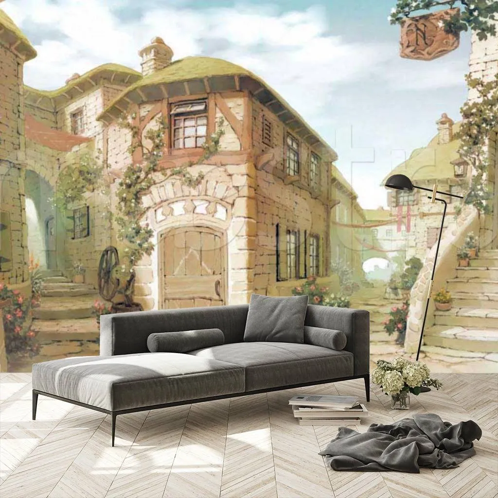 Фотообои в интерьере рисунок старинного городка  6-069 фото