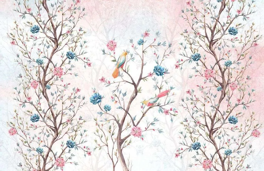 Фотообои в интерьере птицы на цветущем дереве  14-474 фото