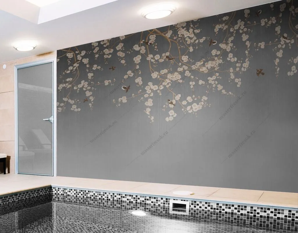 Фотообои в интерьере веточка сакуры и птицы  9-1481 фото