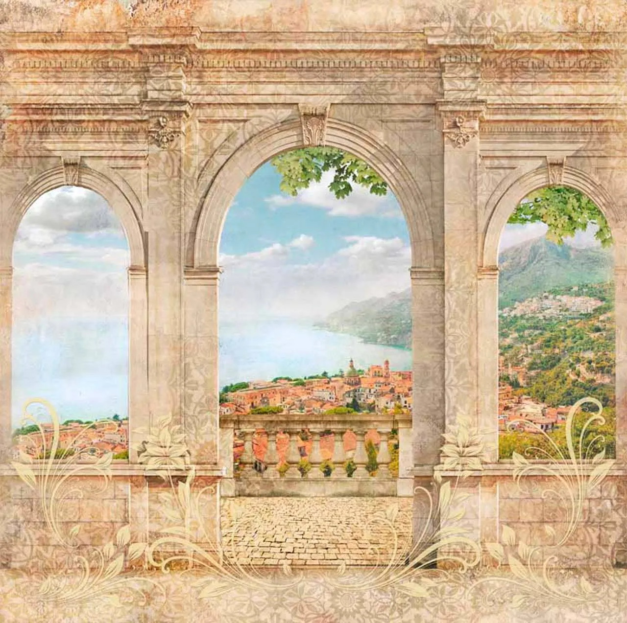 Фотообои в интерьере вид на старый город через арки  11-191 фото
