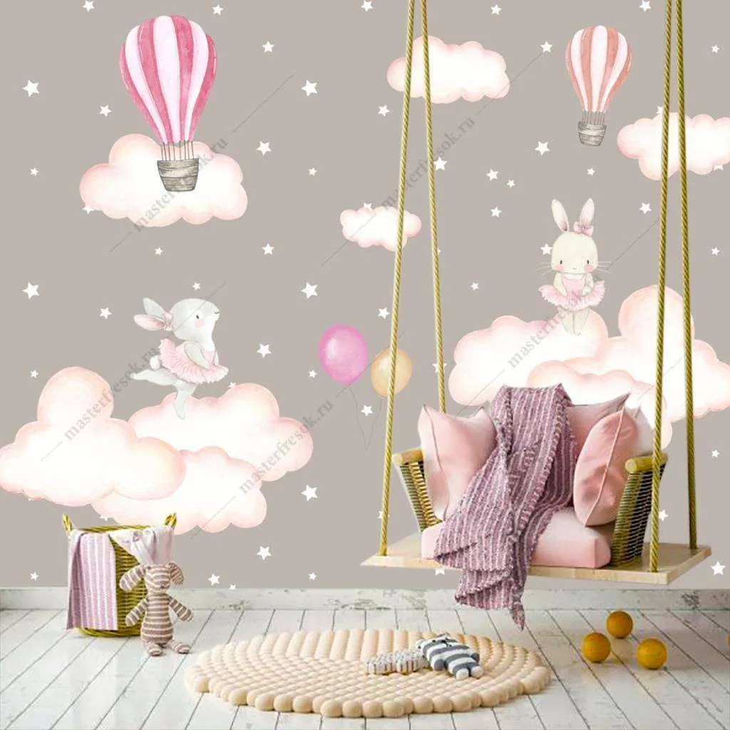 Фотообои Бесшовные обои на стену:  Зайчики в облаках. Артикул: 12-902  