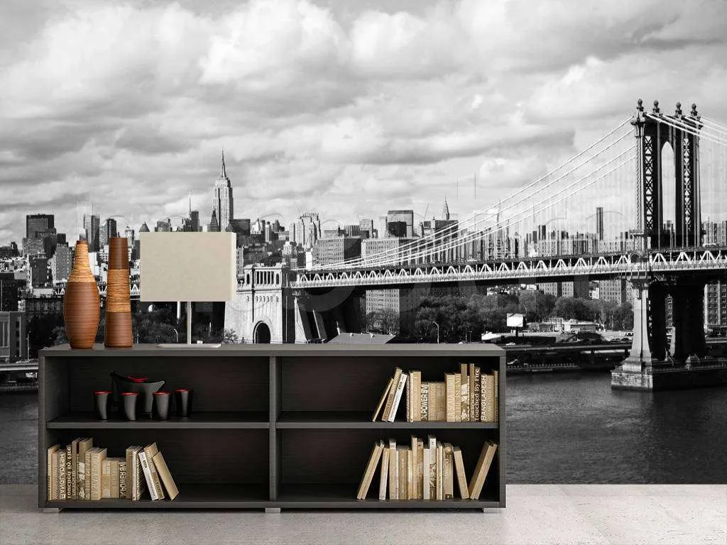 Фотообои в интерьере черно белый бруклинский мост  9-797 фото