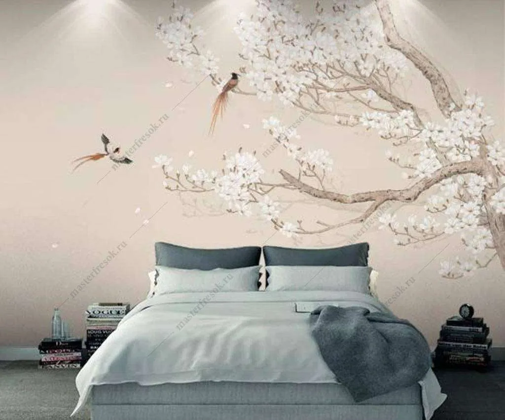 Фотообои в интерьере белая сакура  15-941 фото