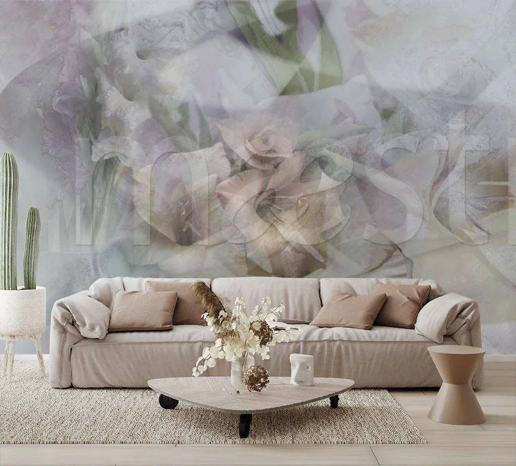 Фотообои в интерьере цветочная абстракция в серых цветах  7-595 фото