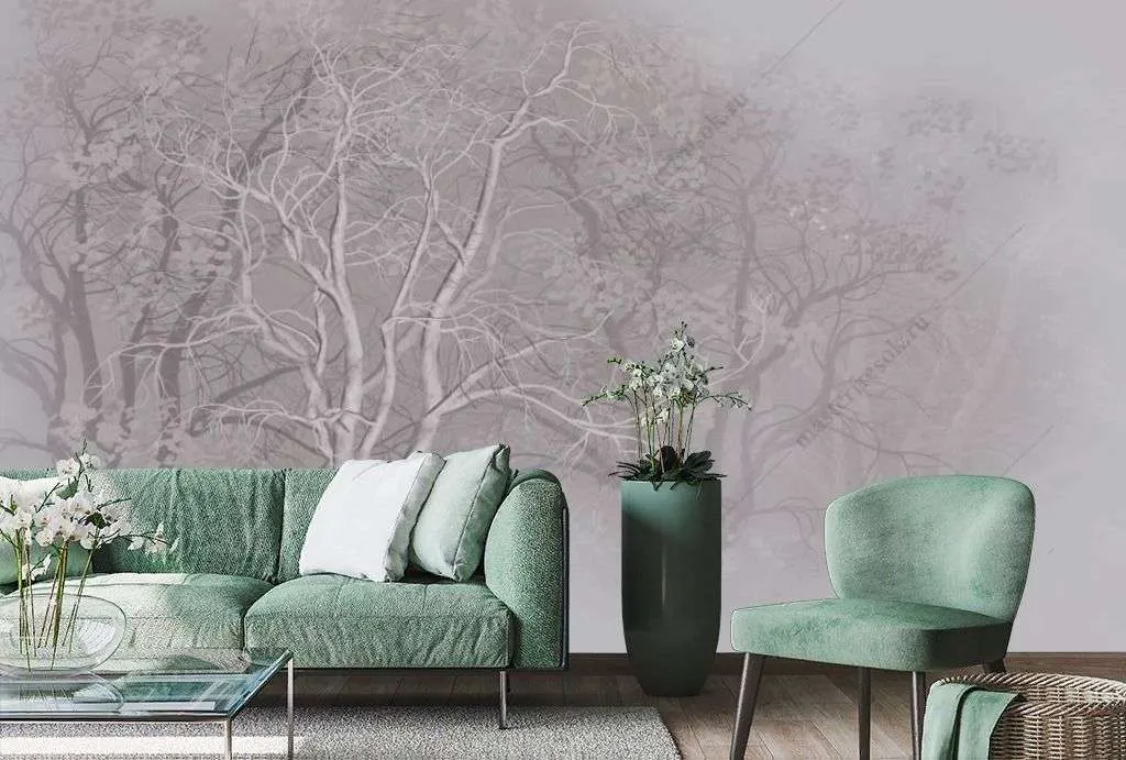 Фотообои в интерьере черно-белые деревья в тумане  13-361 фото