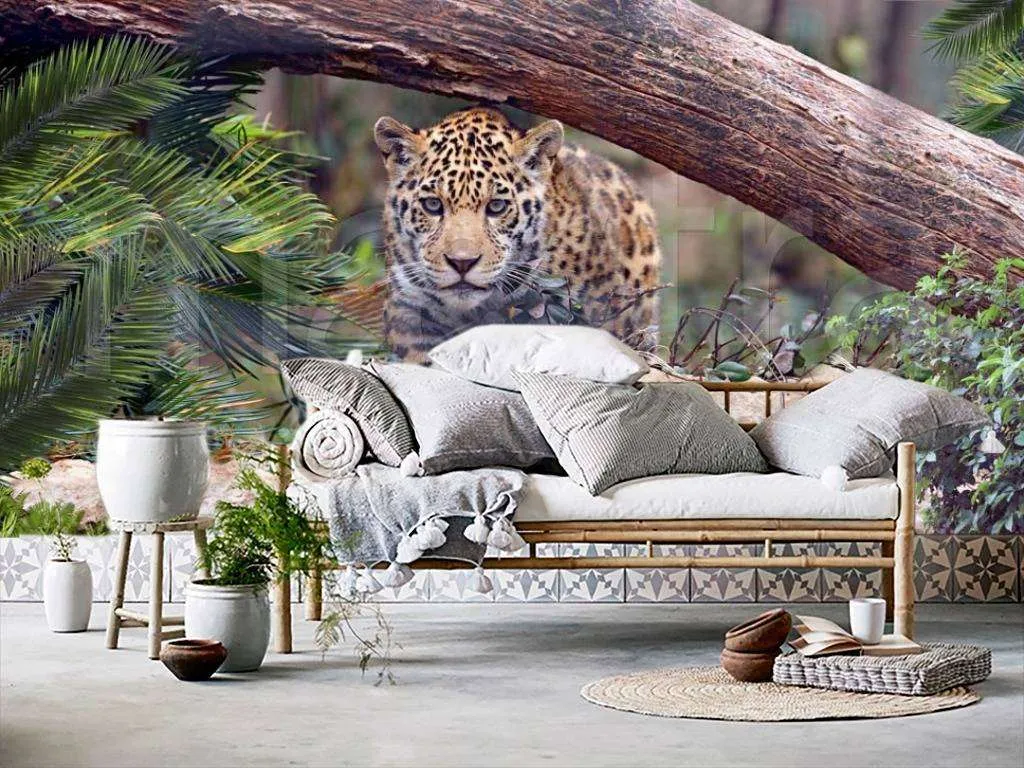 Фотообои Бесшовные обои на стену:  Леопард в лесу. Артикул: 7-853  