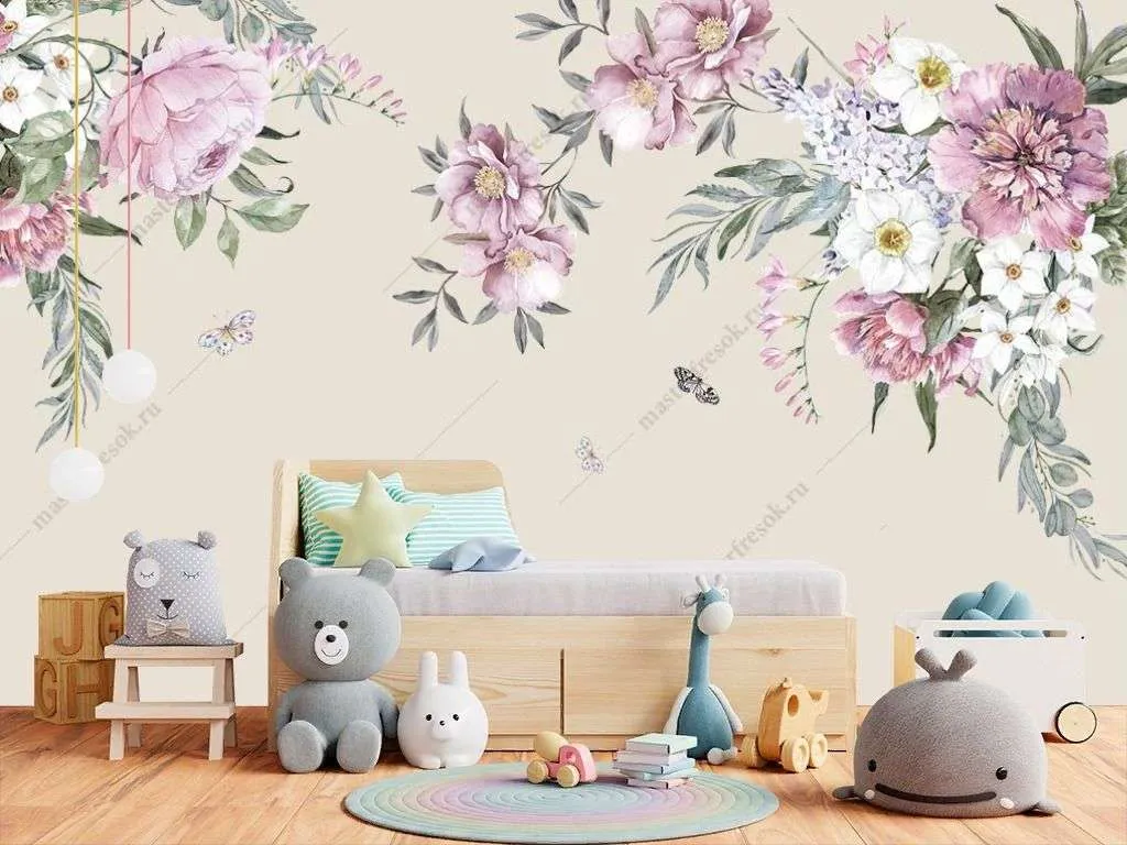 Фотообои в интерьере акварельные цветы  14-319 фото