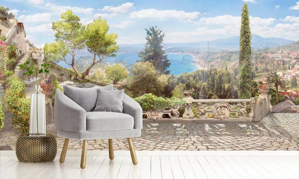 Фотообои в интерьере терраса с видом на море и город  7-178 фото