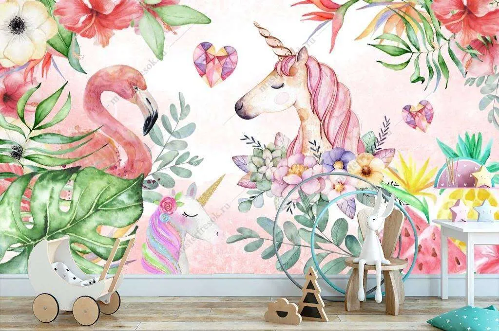 Фотообои в интерьере фламинго и единорог  12-1207 фото