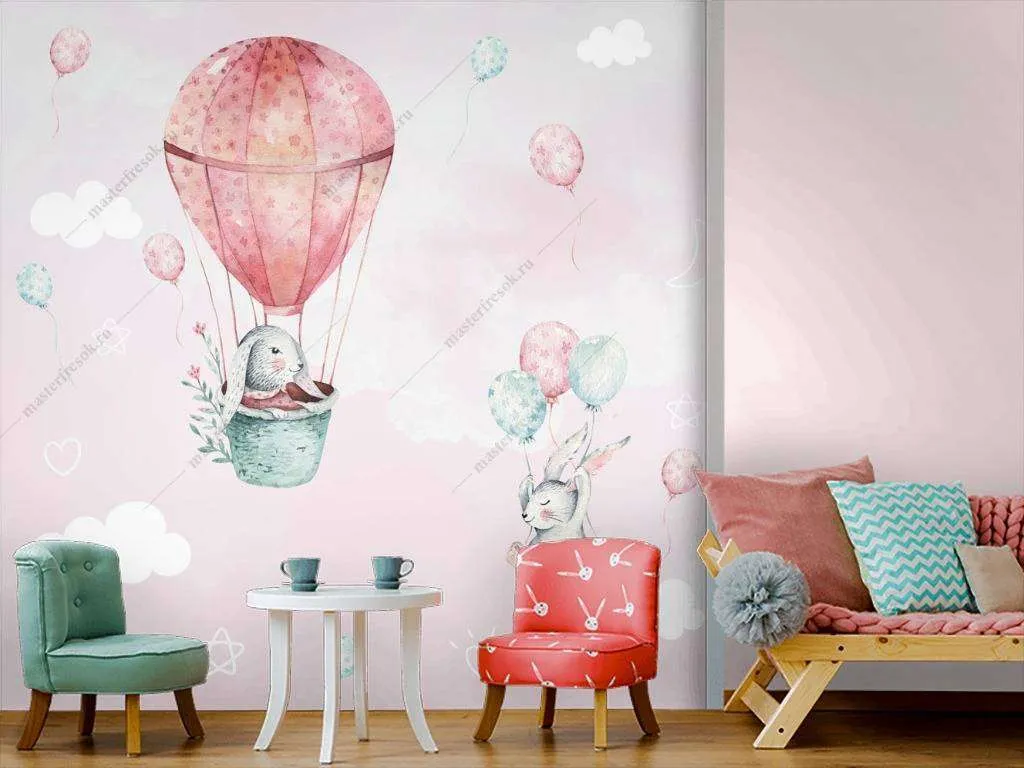 Фотообои в интерьере зайки на шариках  12-822 фото