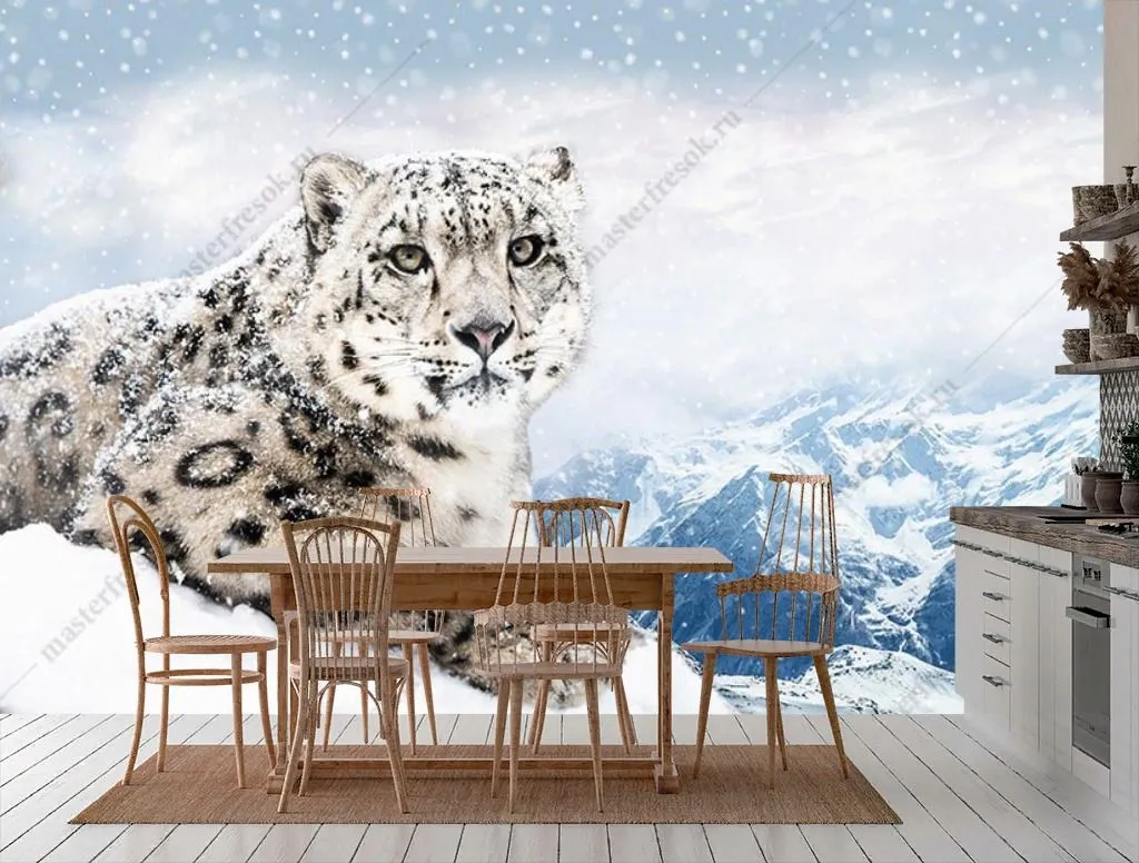 Фотообои в интерьере снежный барс в горах  14-279 фото