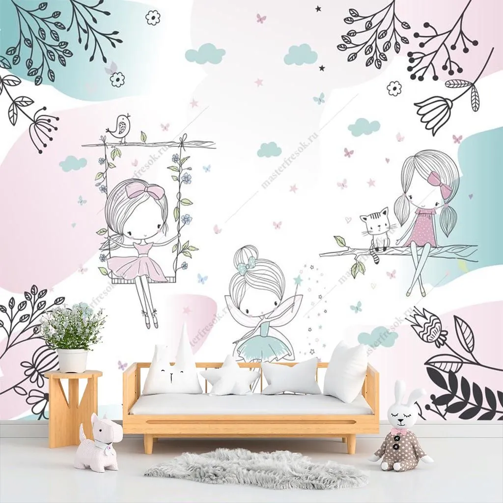 Фотообои в интерьере три феи на прогулке  14-639 фото