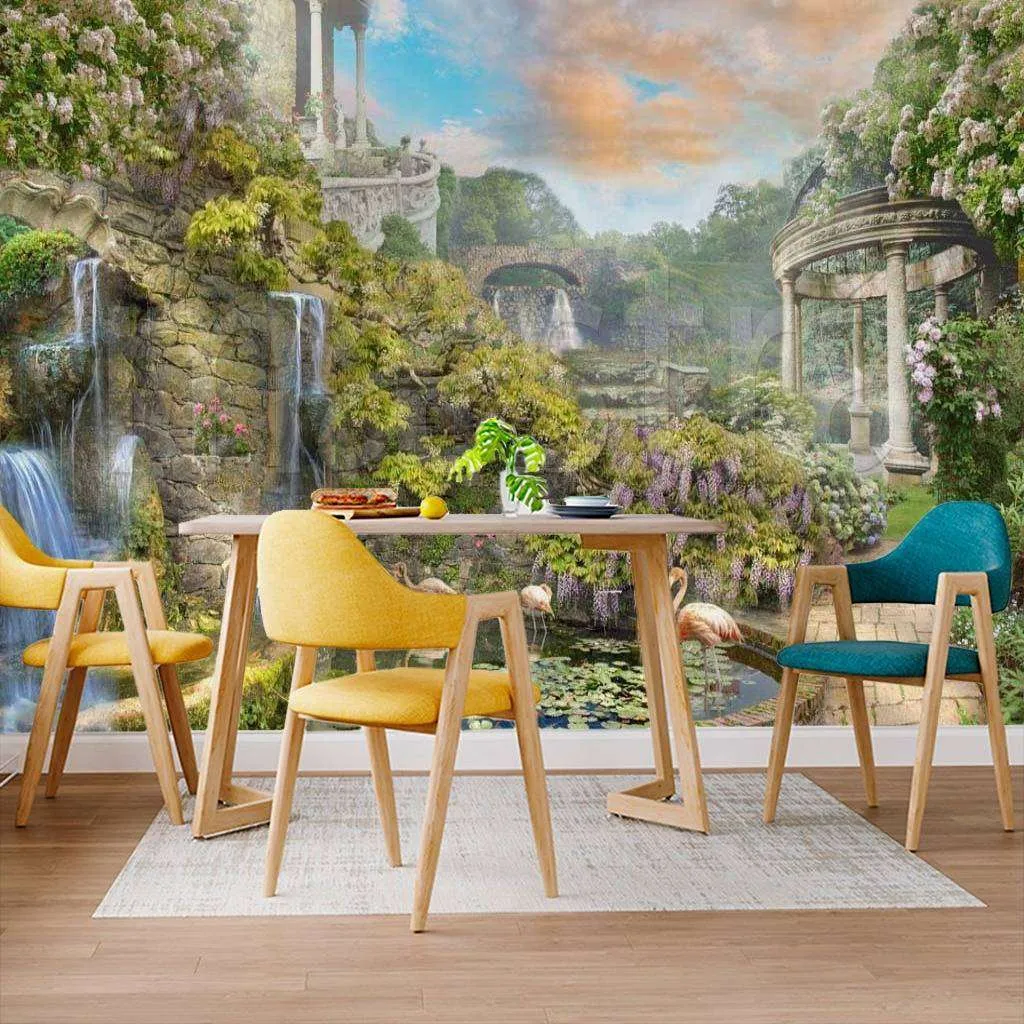 Фотообои в интерьере старинный парк и розовые фламинго  6-011 фото