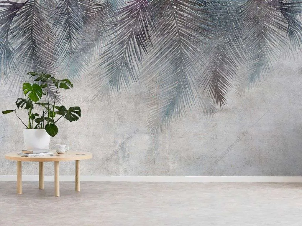 Фотообои в интерьере листья свисающие серо-синие  9-1867 фото