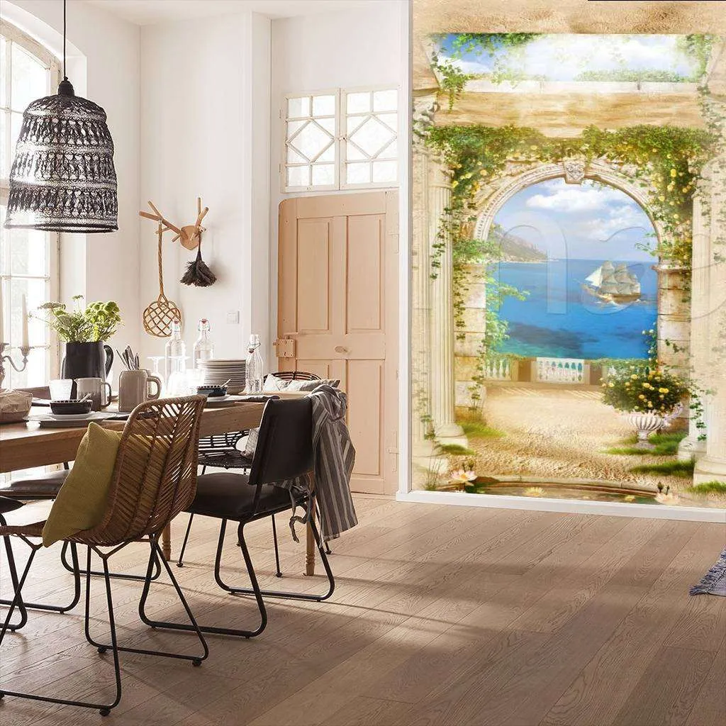 Фотообои в интерьере арка с выходом на морскую гавань  11-062 фото