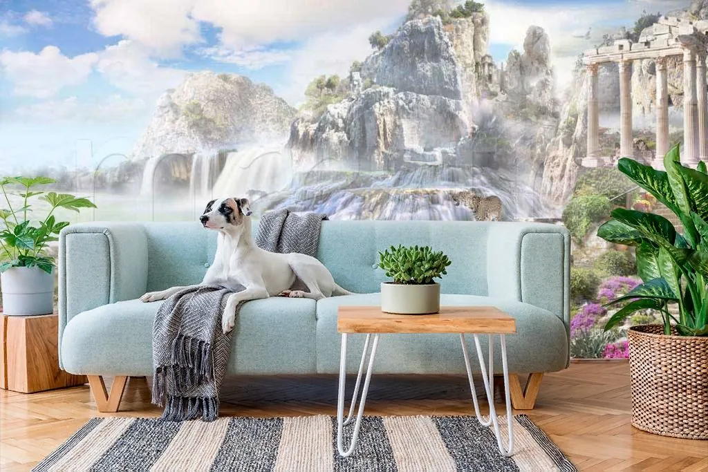 Фотообои в интерьере античные колонны на фоне гор  7-162 фото