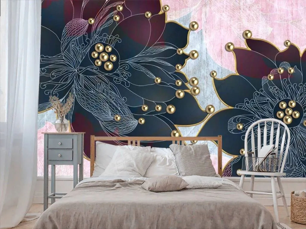 Фотообои в интерьере 3д синие яркие цветы  10-840 фото