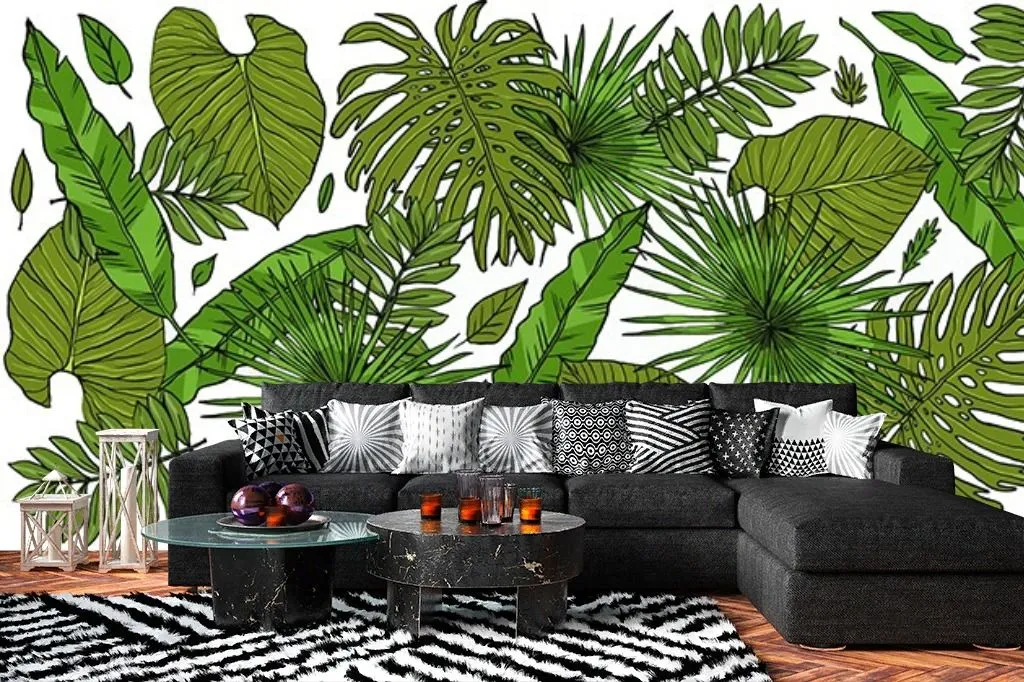 Фотообои в интерьере тропические листья фон  14-776 фото