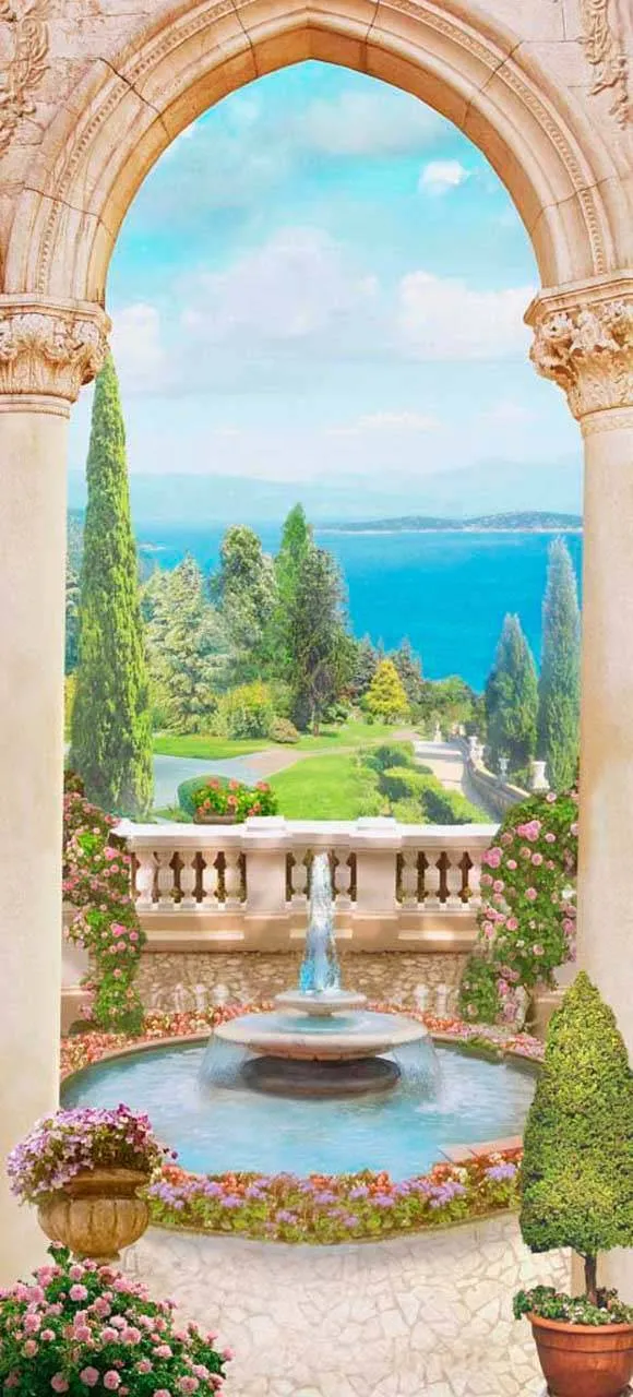 Фотообои в интерьере фонтан под аркой  5-129 фото