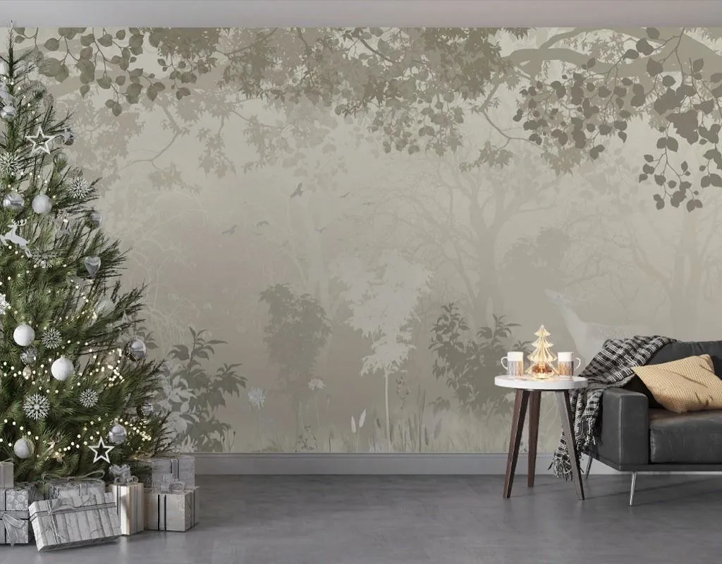 Фотообои в интерьере в спальню лес с оленем   13-683 фото