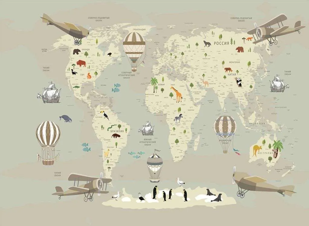 Фотообои в интерьере карта мира детская бежевая  12-974 фото