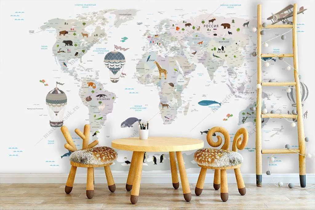 Фотообои в интерьере карта мира светло серая  12-1015 фото