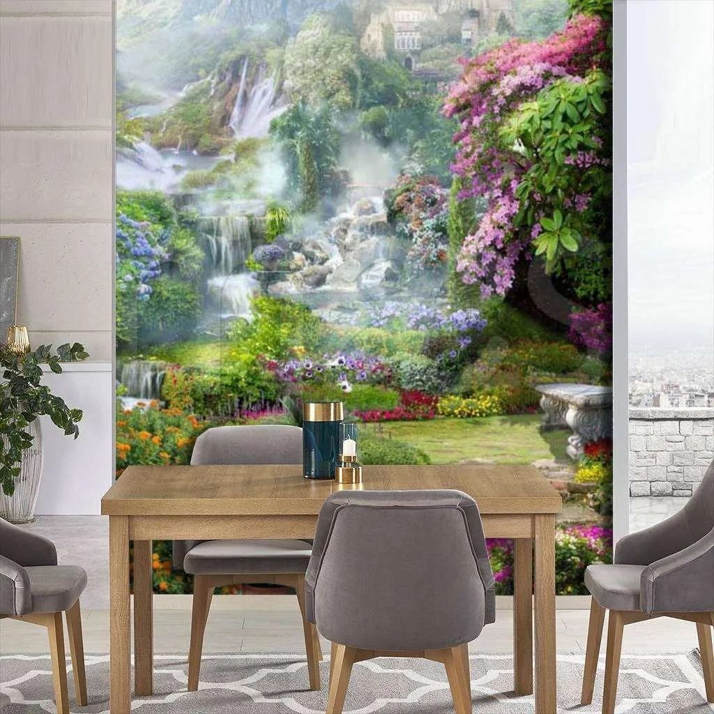 Фотообои Замок в сказочном парке с водопадом  7-272