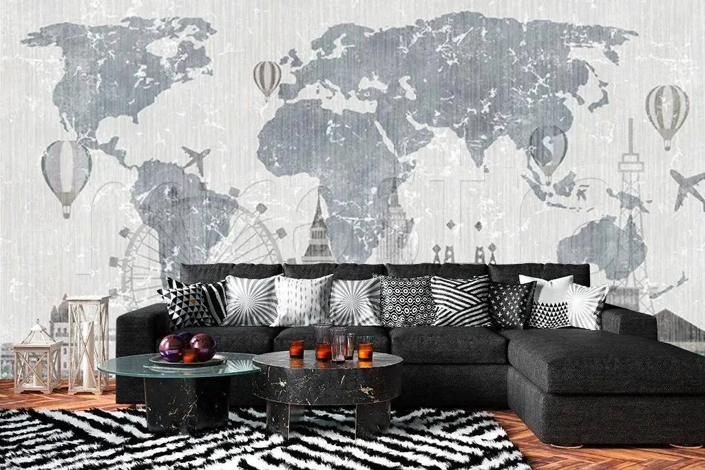 Фотообои в интерьере карта мира лофт  15-107 фото