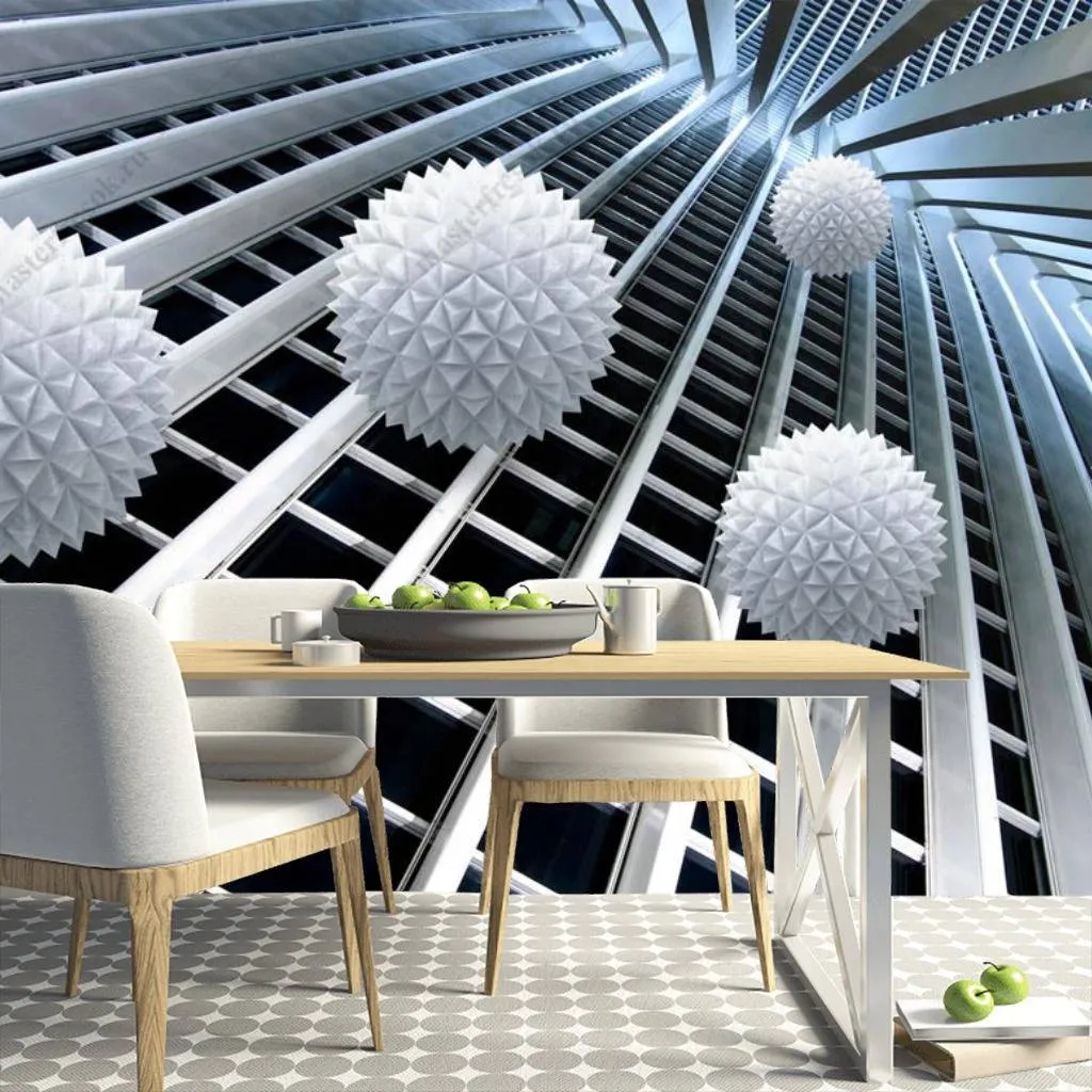 Фотообои в интерьере 3д фактурные шары в полете  10-792 фото