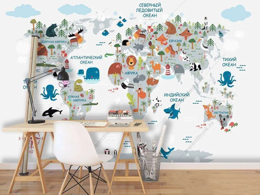 Фотообои Бесшовные обои на стену:  Карта мира с животными. Артикул: 12-978  