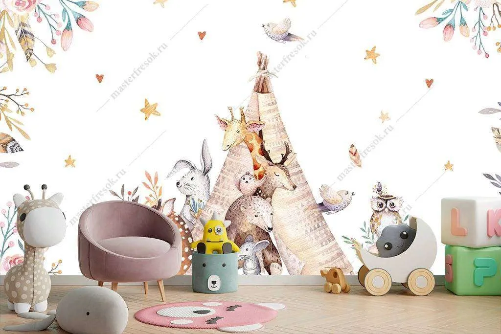 Фотообои в интерьере зверята на поляне  14-061 фото