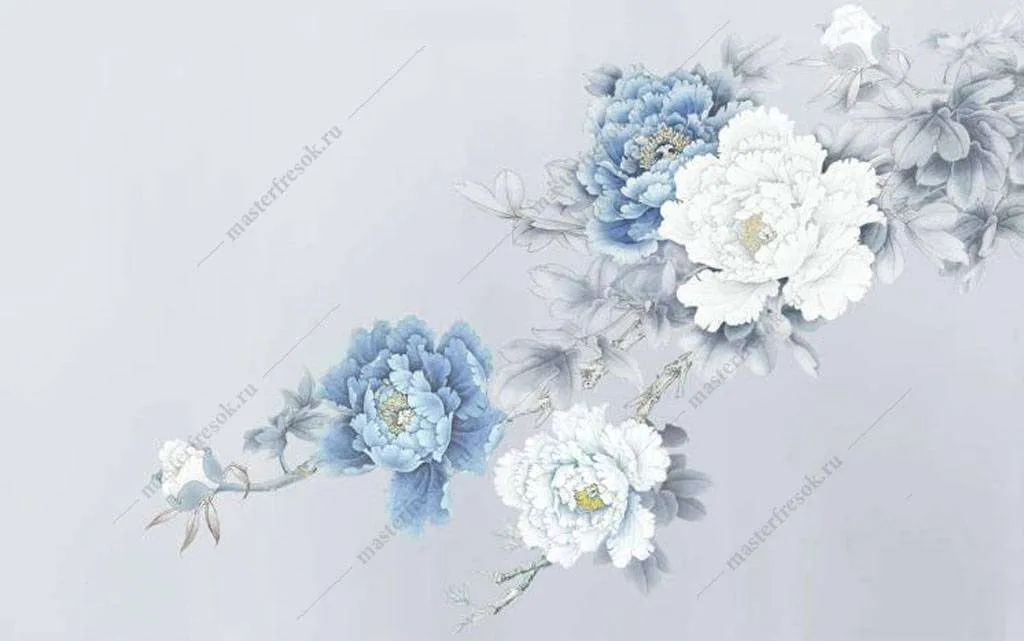 Фотообои в интерьере голубые пионы  15-907 фото