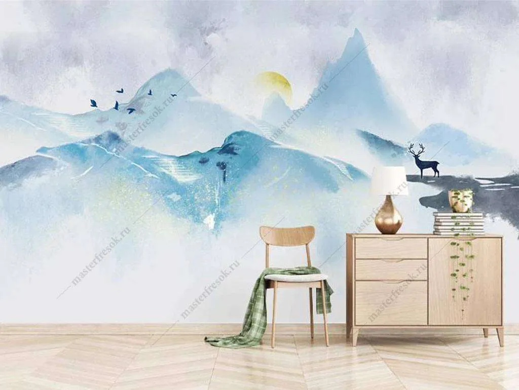 Фотообои в интерьере синие горы в тумане  16-139 фото