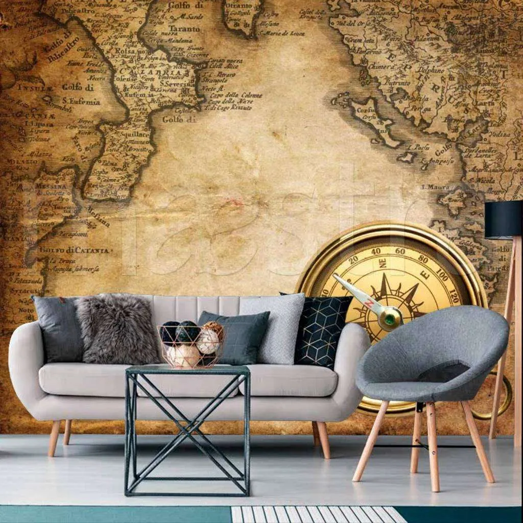 Фотообои в интерьере карта с компасом на английском языке  9-429 фото