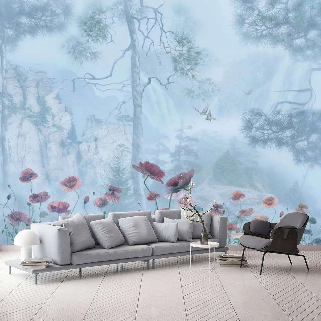 Фотообои в интерьере лес и красные цветы  13-046 фото