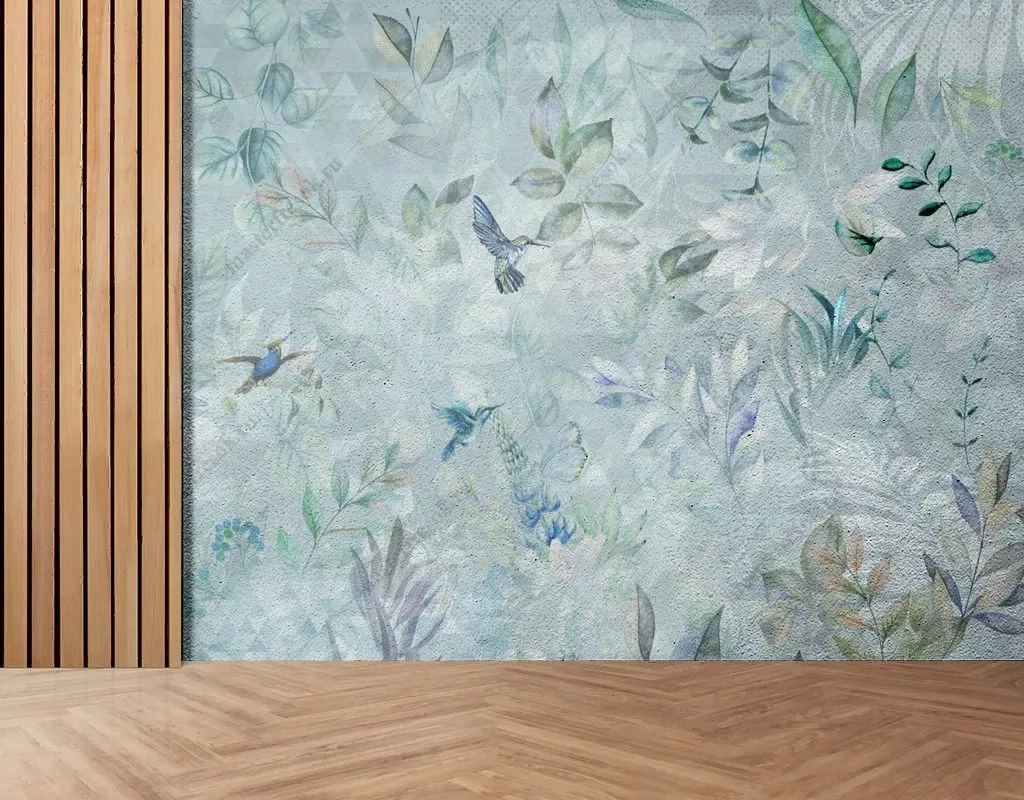 Фотообои в интерьере птички райские на голубом фоне  13-584 фото