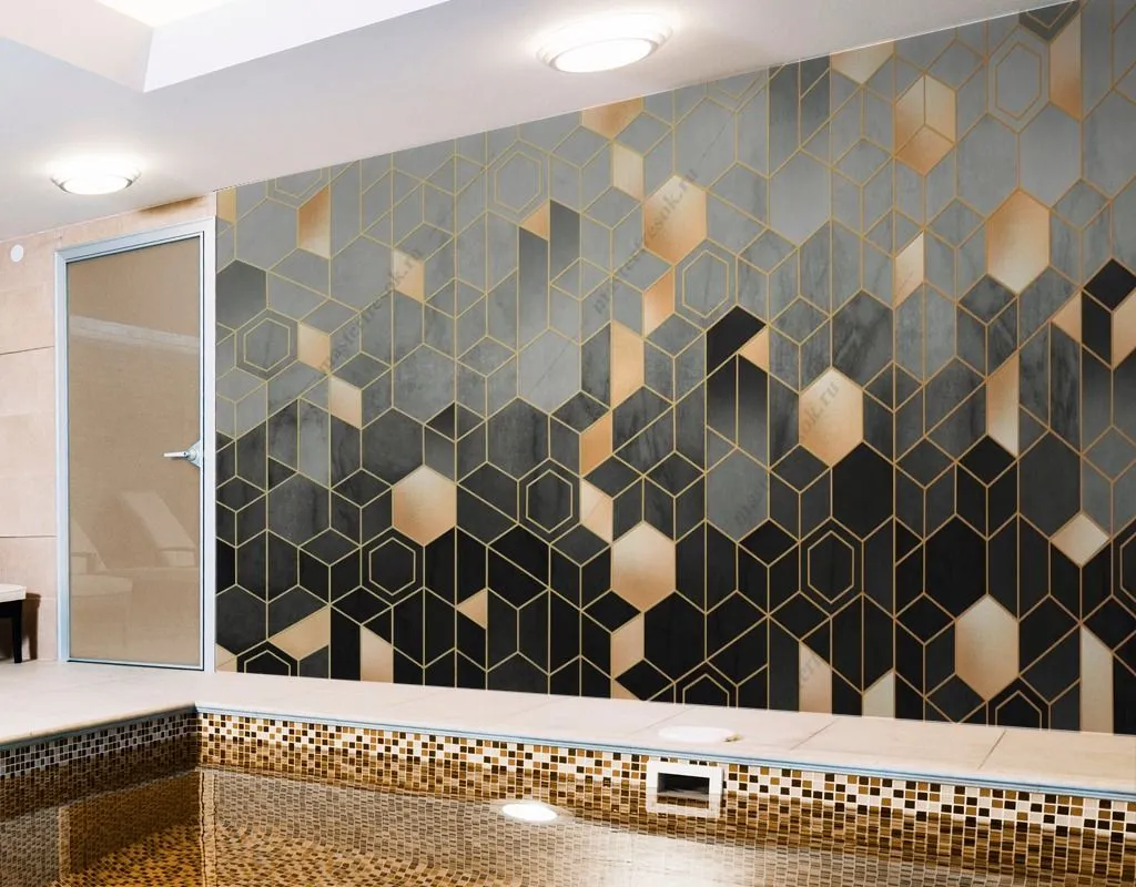 Фотообои в интерьере геометрия шестиугольники с золотом  9-1510 фото