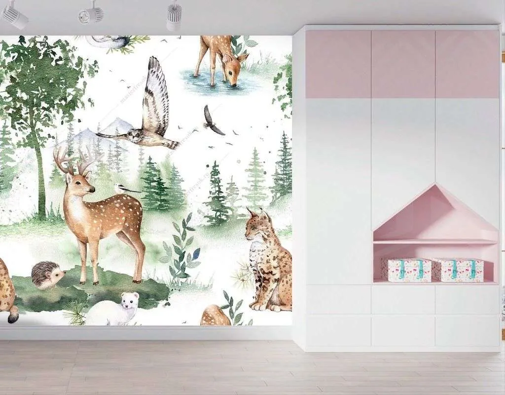 Фотообои в интерьере лесной фон с оленем  12-1495 фото