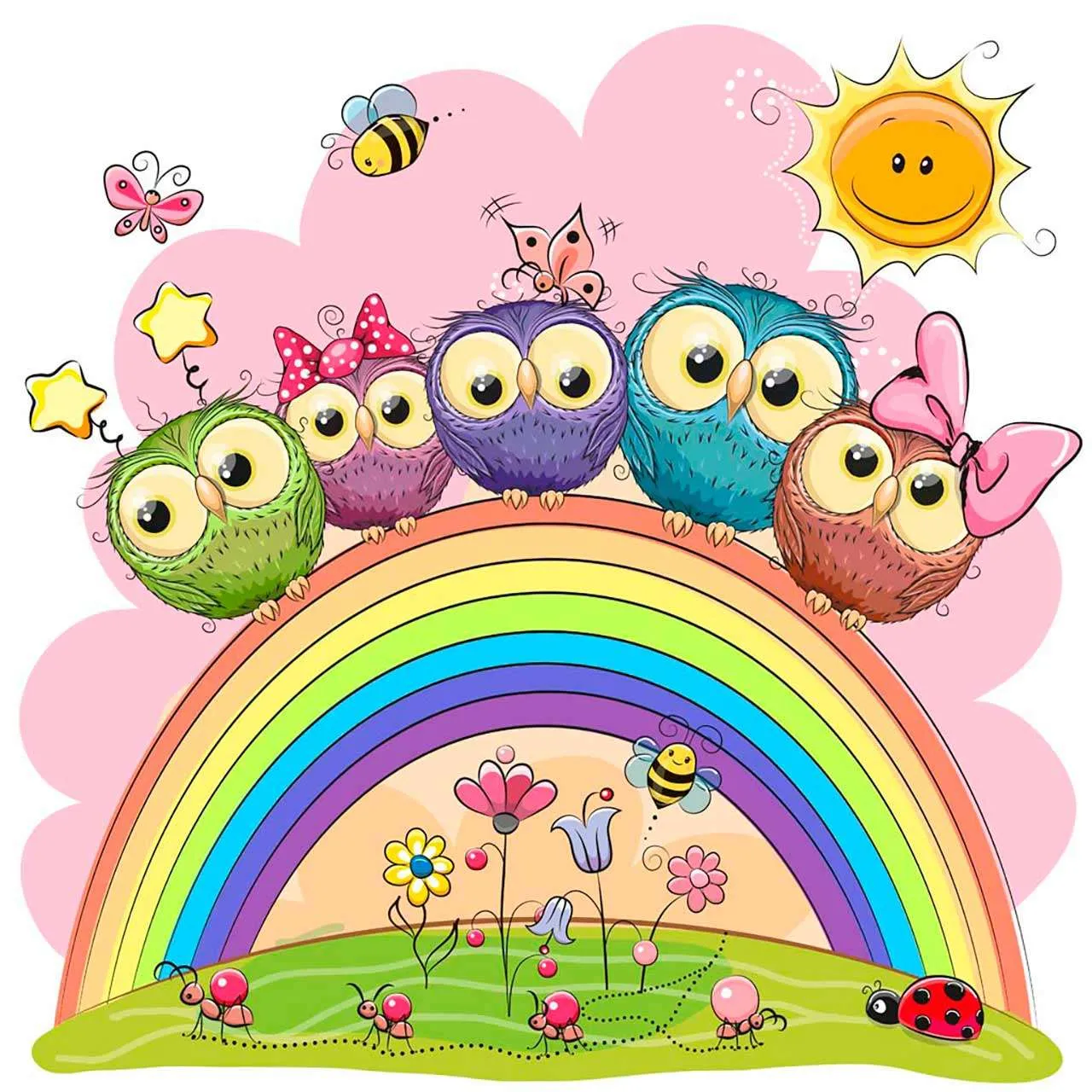 Фотообои в интерьере совята на радуге  9-231 фото