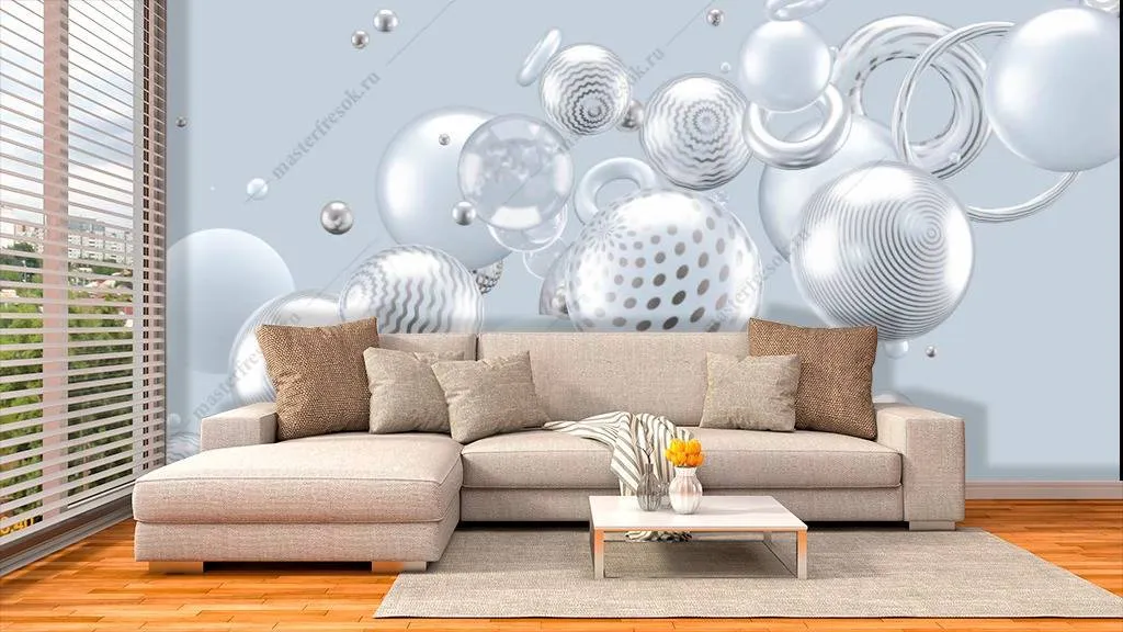Фотообои в интерьере 3д шары на голубом фоне  10-784 фото