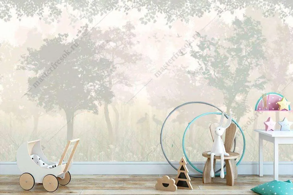 Фотообои в интерьере летний лес в тумане  14-130 фото