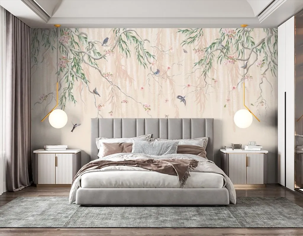 Фотообои в интерьере нежные веточки с птицами  13-721 фото