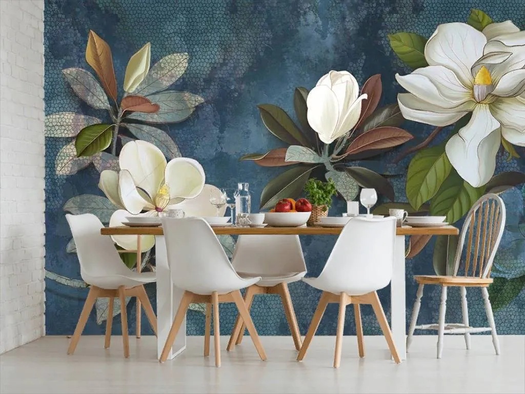 Фотообои в интерьере магнолия на синем фоне  10-870 фото