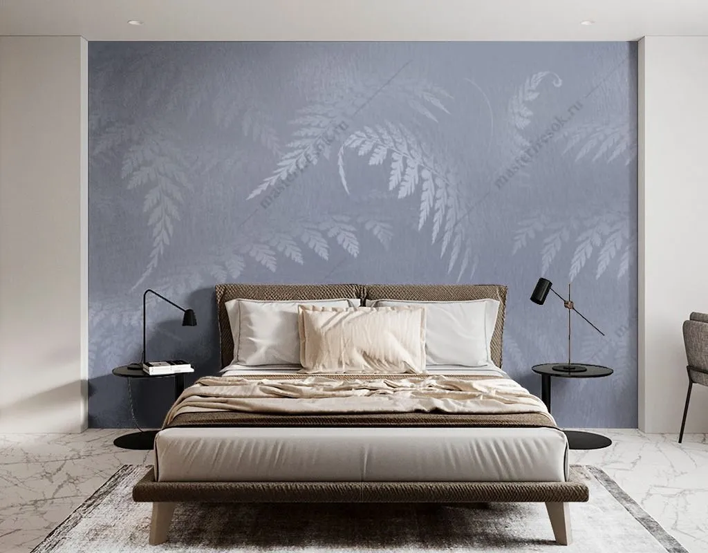 Фотообои в интерьере листья папоротника в тумане  13-467 фото