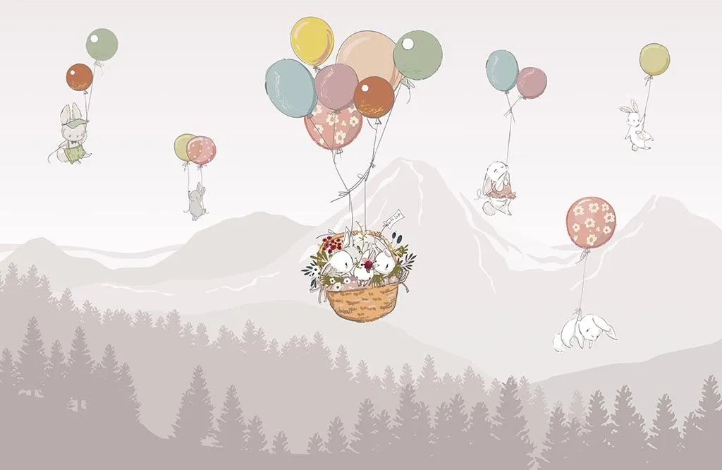 Фотообои в интерьере зайчики на шариках в горах  14-075 фото