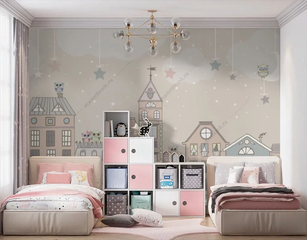 Фотообои в интерьере городок на бежевом фоне  14-533 фото